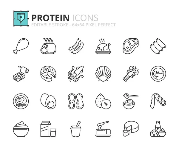 Esbozar Iconos Sobre Las Proteínas Carne Pescado Mariscos Legumbres Frutos — Vector de stock