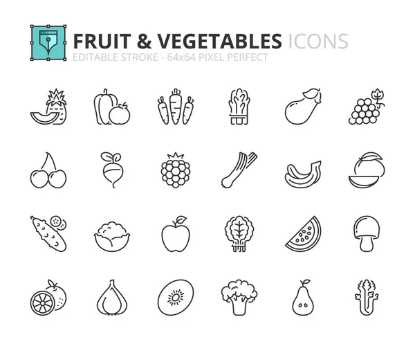 Очертания Икон Фруктах Овощах Здоровое Питание Штрих Столу Пикселя — стоковый вектор