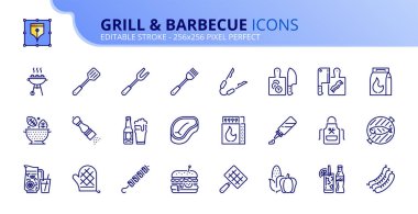 Yiyecek ve içecekle ilgili ikonlar. Izgara ve barbekü. Düzenlenebilir felç. Vektör - 256x256 piksel mükemmel.