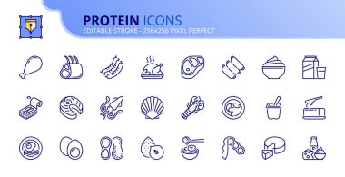Proteinler hakkında taslak simgeler. Et, balık, deniz ürünleri, baklagiller, fındık, yumurta ve süt ürünleri. Sağlıklı yiyecekler. Düzenlenebilir felç. Vektör - 256x256 piksel mükemmel.