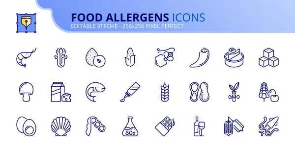 Ensemble Simple Icônes Contour Sur Les Allergènes Alimentaires Nourriture Boissons — Image vectorielle