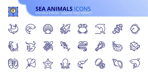 Icone Contorno Sugli Animali Marini Mondo Marino Ictus Modificabile Vettore — Vettoriale Stock