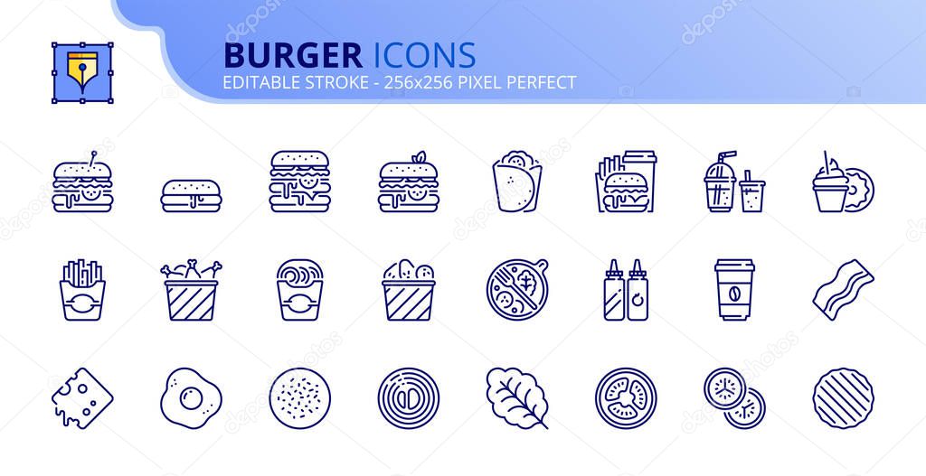 Outline icons about food and drink. Burger. Editable stroke. Vector - 256x256 pixel perfect.