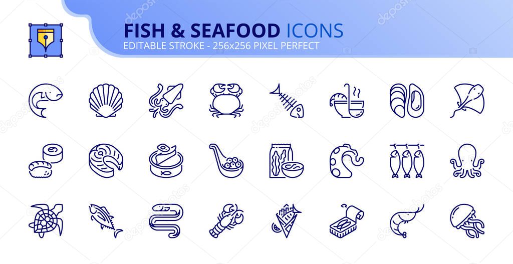 Simple set of outline icons about fish and seafood.