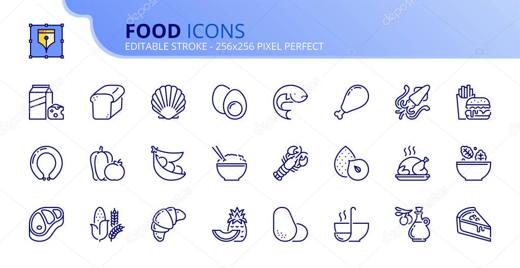 Outline icons about food. Fruit and vegetables. Protein, meat, seafood, dairy, nuts, eggs and legumes. Grain. Fast food, desserts and sugar products. Editable stroke. Vector - 256x256 pixel perfect.