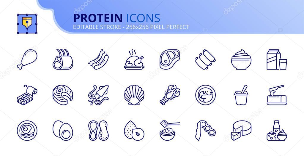 Outline icons about proteins. Meat, fish, seafood, legumes, nuts, eggs and dairy products. Healthy food.  Editable stroke. Vector - 256x256 pixel perfect.