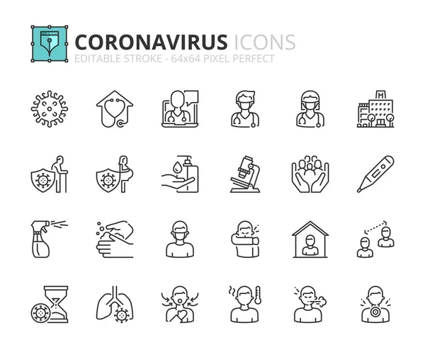 Delineie Ícones Sobre Prevenção Sintomas Coronavirus Saúde Curso Editável 64X64 — Vetor de Stock