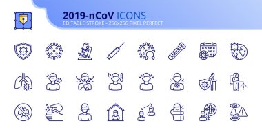 Coronavirus bilgisi ile ilgili simgeleri özetle. 2019-NCoV önleme ve semptomlar. Sağlık hizmetleri. Düzenlenebilir felç. Vektör - 256x256 piksel mükemmel.