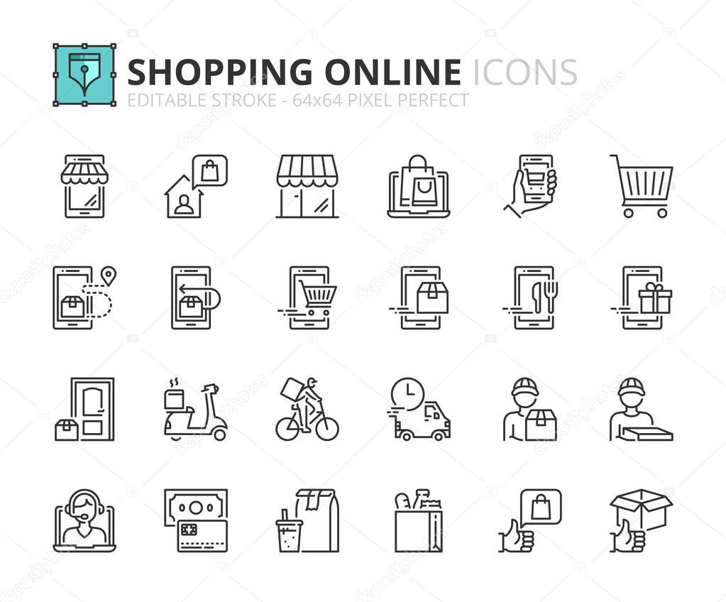 Outline icons about shopping online and delivery. Editable stroke 64x64 pixel perfect.