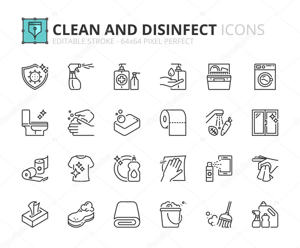 Outline icons about clean and disinfect.  Contains such icons as cleaning and sanitizer products, clean surfaces, clothes, food and hands. Editable stroke 64x64 pixel perfect.
