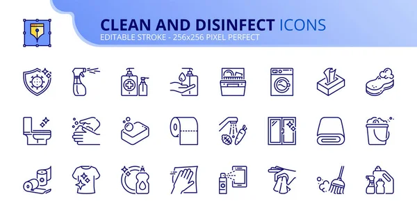 概述有关清洁和消毒的图标 包含清洁卫生产品 清洁表面 食品和手等图标 可编辑的中风 256X256像素完美 — 图库矢量图片