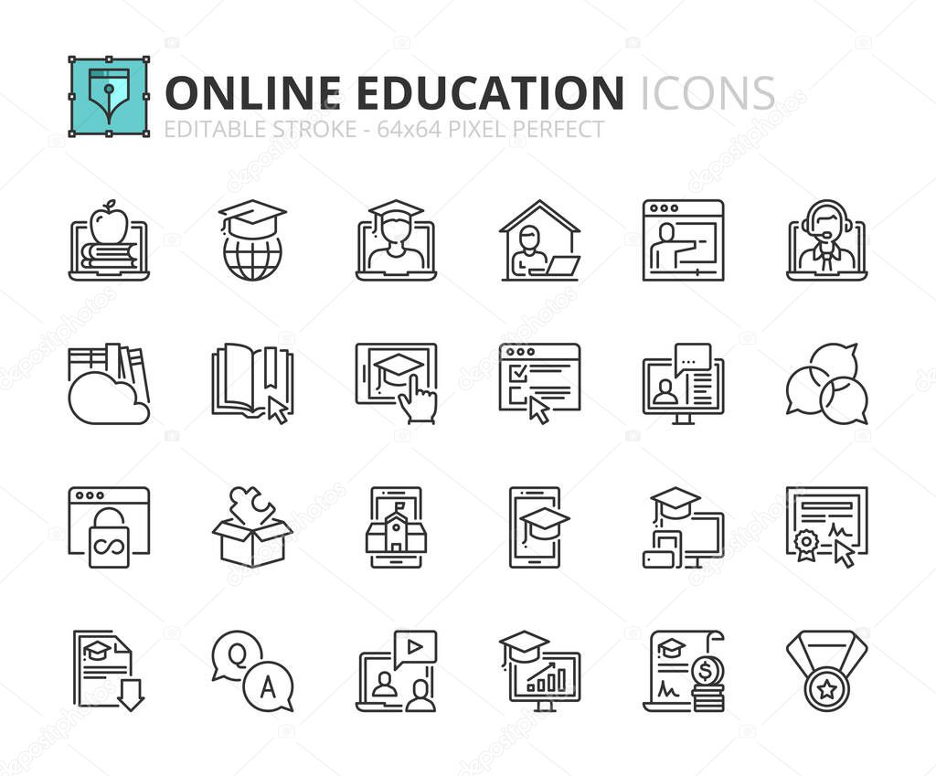 Outline icons about online education. Contains such icons as e-learning, video tutorial, e-book, training and webinar. Editable stroke 64x64 pixel perfect.