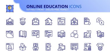 Çevrimiçi eğitimle ilgili ikonlar. E-öğrenim, video eğitimi, e-kitap, eğitim ve webinar gibi ikonlar içerir. Düzenlenebilir felç. Vektör - 256x256 piksel mükemmel.