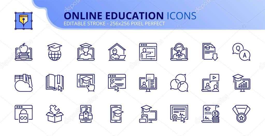 Outline icons about online education. Contains such icons as e-learning, video tutorial, e-book, training and webinar.  Editable stroke. Vector - 256x256 pixel perfect.