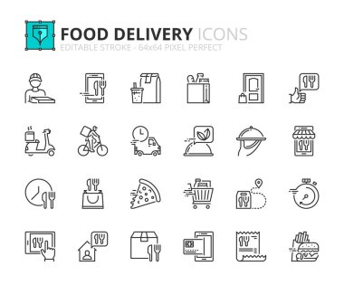 Yemek teslimatıyla ilgili taslak simgeler. Teslimatçı, fast food, market, teslimat ve sipariş takibi gibi ikonlar içeriyor. Düzenlenebilir vuruş 64x64 piksel mükemmel.