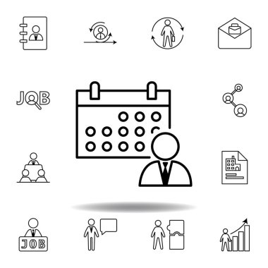 Takvim, program, işçi simgesi. İnsan kaynakları elementleri. Web, logo, mobil uygulama, Ui, Ux için kullanılabilir