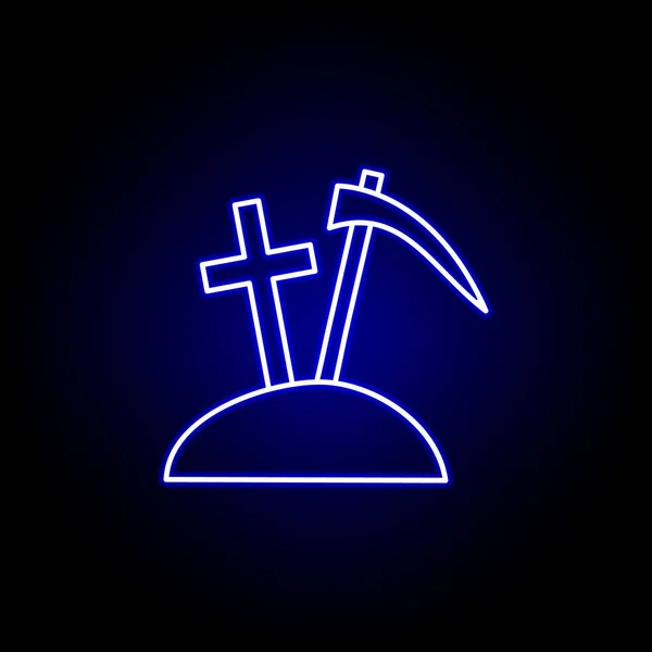 Kuburan, kematian, menggali garis besar biru ikon neon. set rinci ilustrasi kematian ikon. dapat digunakan untuk web, logo, aplikasi seluler, UI, UX - Stok Vektor