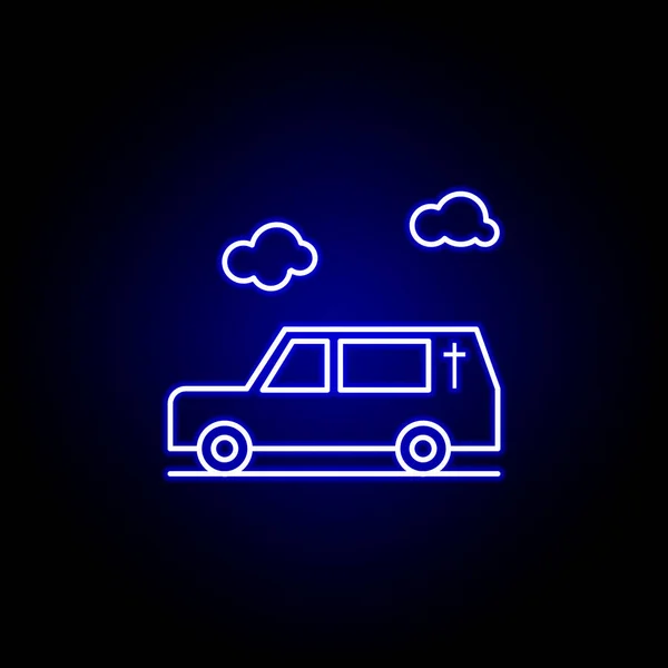 Mobil jenazah, kematian, garis luar ikon neon biru. set rinci ilustrasi kematian ikon. dapat digunakan untuk web, logo, aplikasi seluler, UI, UX - Stok Vektor