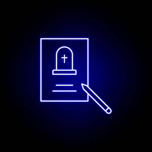 Funeral, death, pen, paper outline blue neon icon. detailed set of death illustrations icons. can be used for web, logo, mobile app, UI, UX — Stock Vector