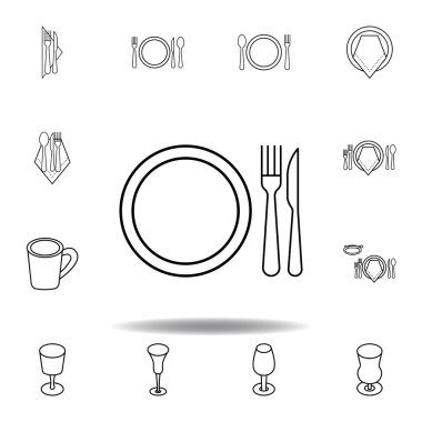 Yemek tabağı, çatal, bıçak ikonu. Ağ, logo, mobil uygulama, UI, UX için gri arka planda kullanılabilir