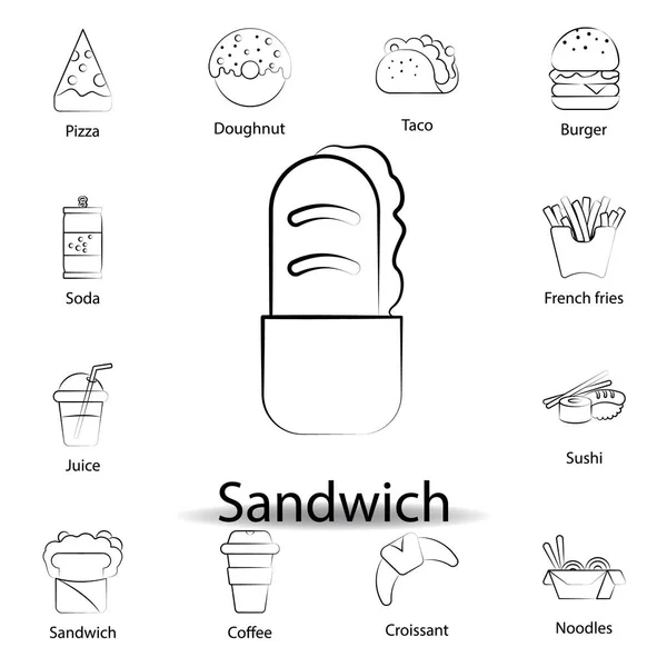 Fast Food Sandwich Symbol Umreißen Symbolsatz Zur Illustration Von Lebensmitteln — Stockvektor