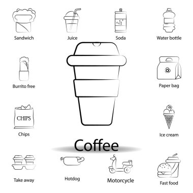 Fast food kahve taslak ikonu. Yemek illüstrasyon ikonu. İşaretler ve semboller gri arka planda ağ, logo, mobil uygulama, UI, UX için kullanılabilir