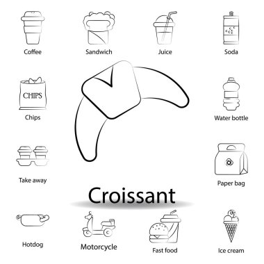 Fast food kruvasan taslak ikonu. Yemek illüstrasyon ikonu. İşaretler ve semboller gri arka planda ağ, logo, mobil uygulama, UI, UX için kullanılabilir