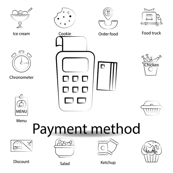 Karta Fast Food Ikona Konturu Płatności Zestaw Ikon Ilustracji Żywności — Wektor stockowy