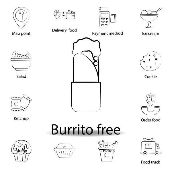 Fastfood Burrito Gratis Outline Icoon Set Van Voedsel Illustratie Pictogram — Stockvector