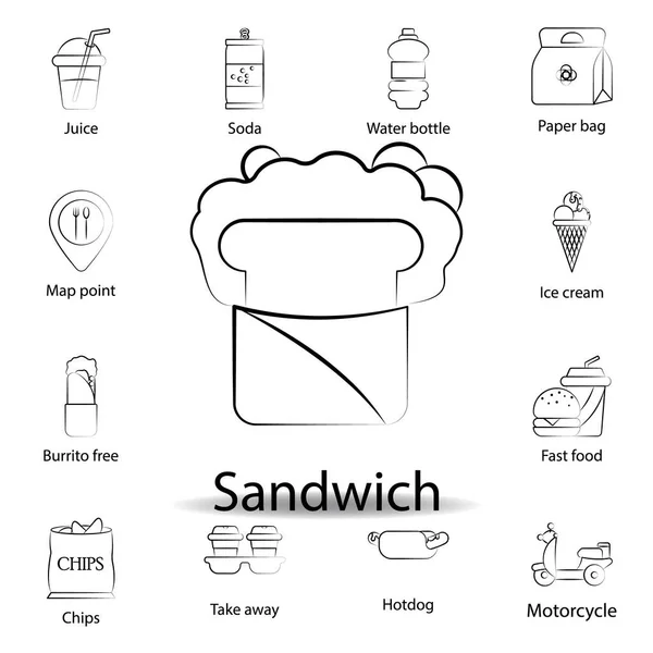 Fast Food Sandwich Symbol Umreißen Symbolsatz Zur Illustration Von Lebensmitteln — Stockvektor