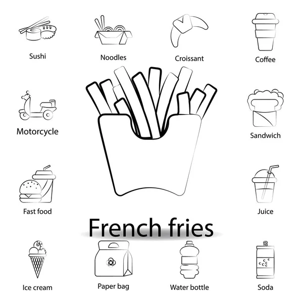 Fast Food Frites Icône Contour Ensemble Icônes Illustration Alimentaire Signes — Image vectorielle