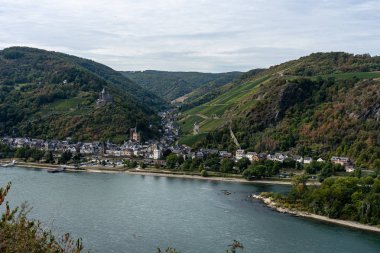 Rheinsteig 'deki üzüm bağları ve Almanya' daki Bacharach kalesi.