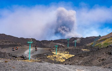 Sicilya Adası 'nda patlayan etna volkanındaki teleferik.