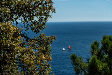 Esterel dağlarındaki kırmızı kayalıklarda yürüyüş parkurunda 