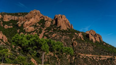 Esterel dağlarındaki kırmızı kayalıklarda yürüyüş parkurunda 