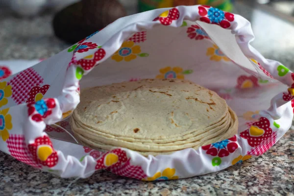 Pile of corn tortillas freshly made 스톡 사진