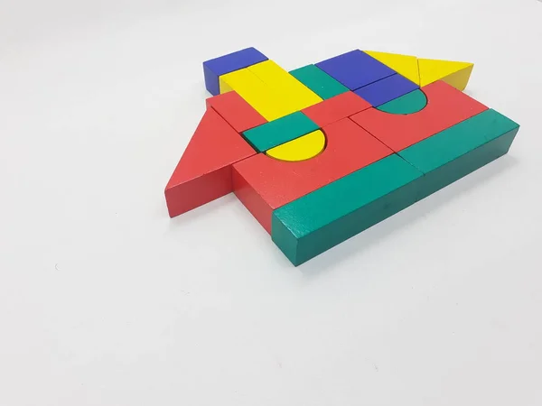 Artístico Artesanal Colorido Vários Forma Madeira Blocos Construção Crianças Brinquedos — Fotografia de Stock