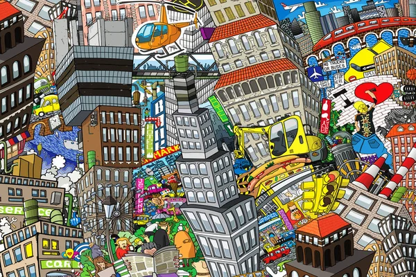 Місто Ілюстрація Великого Колажу Будинками Машинами Людьми — стокове фото