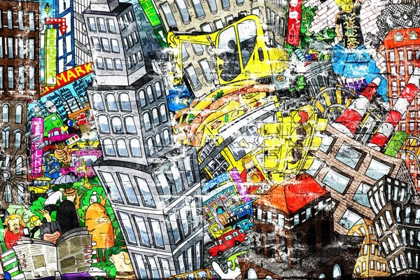 Cidade Uma Ilustração Uma Grande Colagem Com Casas Carros Pessoas — Fotografia de Stock