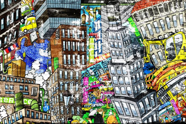 Ciudad Una Ilustración Gran Collage Con Casas Coches Personas —  Fotos de Stock