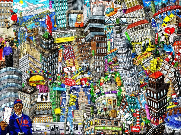 Graffiti City Illustration Ett Stort Collage Med Hus Bilar Och Stockbild
