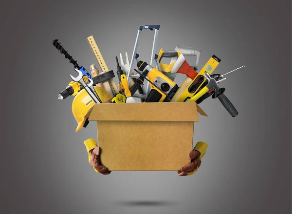 Construction Tools Helmet Cardboard Box — Stock Photo, Image