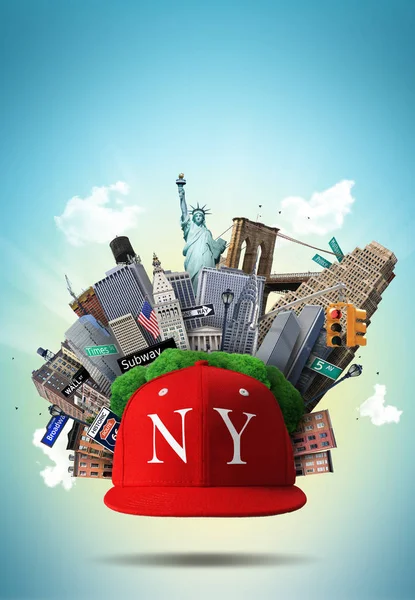 New York Collage Sights Red Cap — Stock Photo, Image