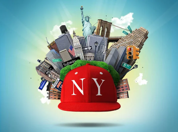 New York Collage Mit Sehenswürdigkeiten Und Roter Mütze — Stockfoto