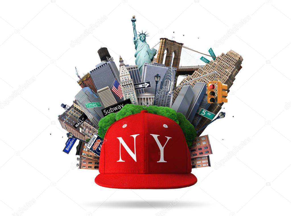 New York collage with the sights and red cap
