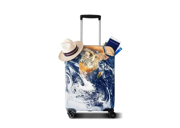旅行者的袋子与地球的印刷品 — 图库照片