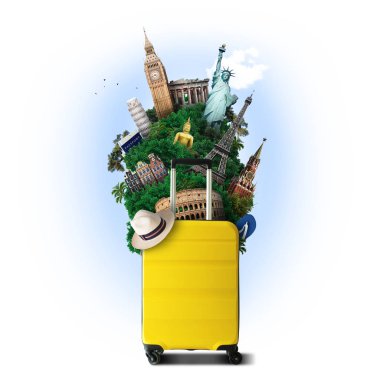 Dünya Simgesel Yapı, tatil ve Turizm ile sarı seyahat çantası