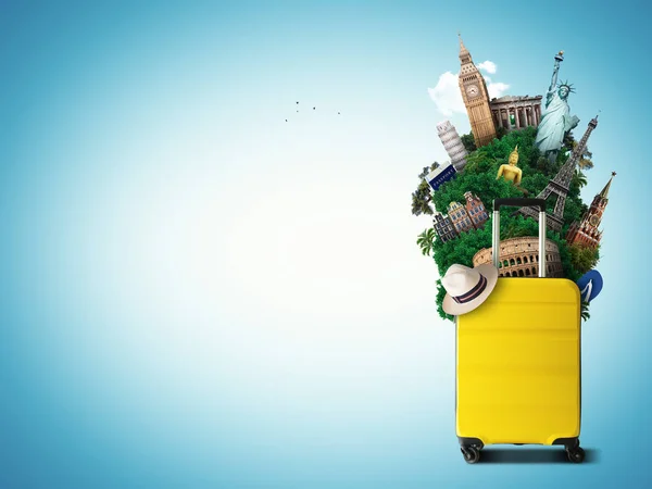 带世界地标 假日和旅游的黄色旅行袋 — 图库照片