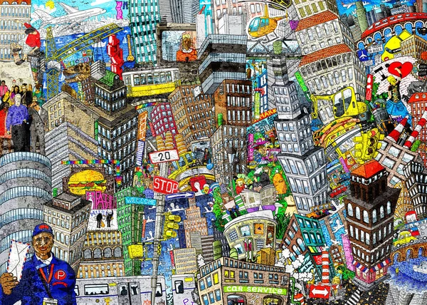 Graffiti Stadt Illustration Einer Großen Collage Mit Häusern Autos Und — Stockfoto