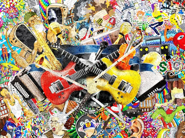 Collage Van Muziek Kleur Heldere Muzikale Achtergrond — Stockfoto